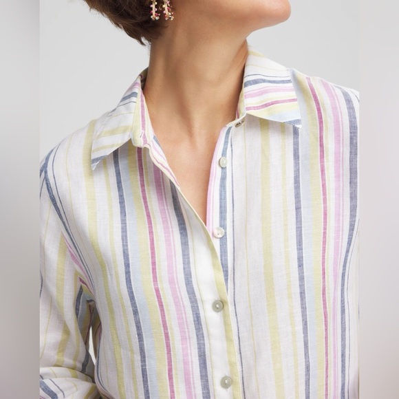 Chico’s Linen No-Iron 3/4 Sleeve Shirt Multi Stripe Size 2 12/14 Button Down - Picture 1 of 8